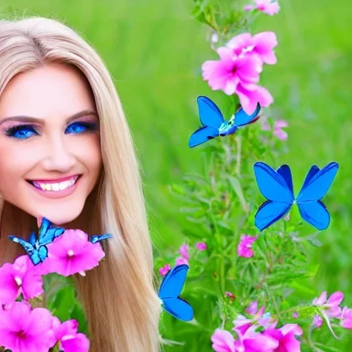 jolie femme avec longs cheveux blonds - joli visage souriant , beaux yeux bleus - grandes ailes roses transparentes ciel bleu fleurs