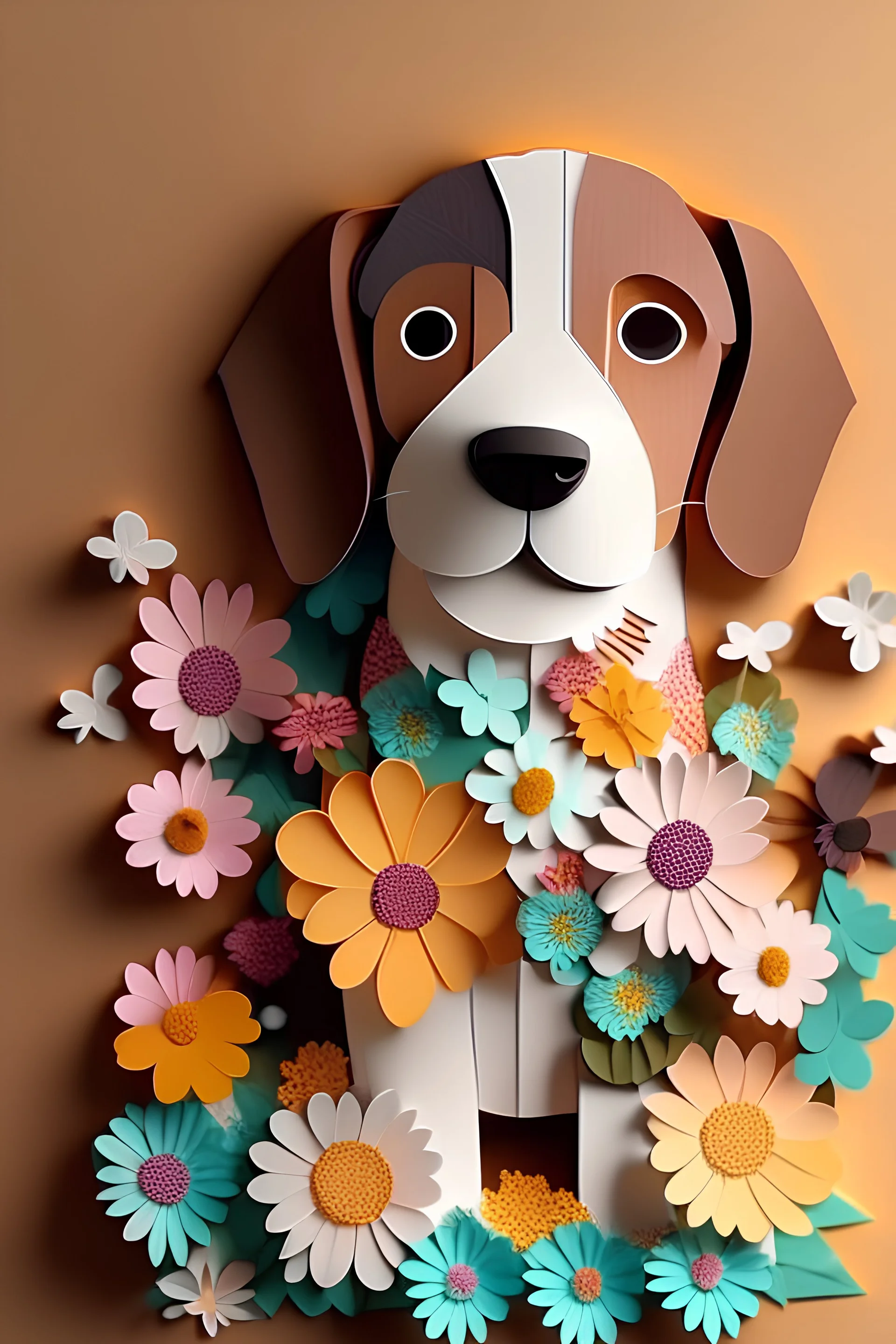 paper art, cute dog, flowers altos detalles, 4K high details , full body --auto --s2, good details, funny