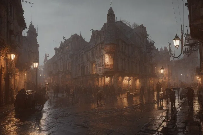 Bustling Small medieval fantasy town, rainy, street lights