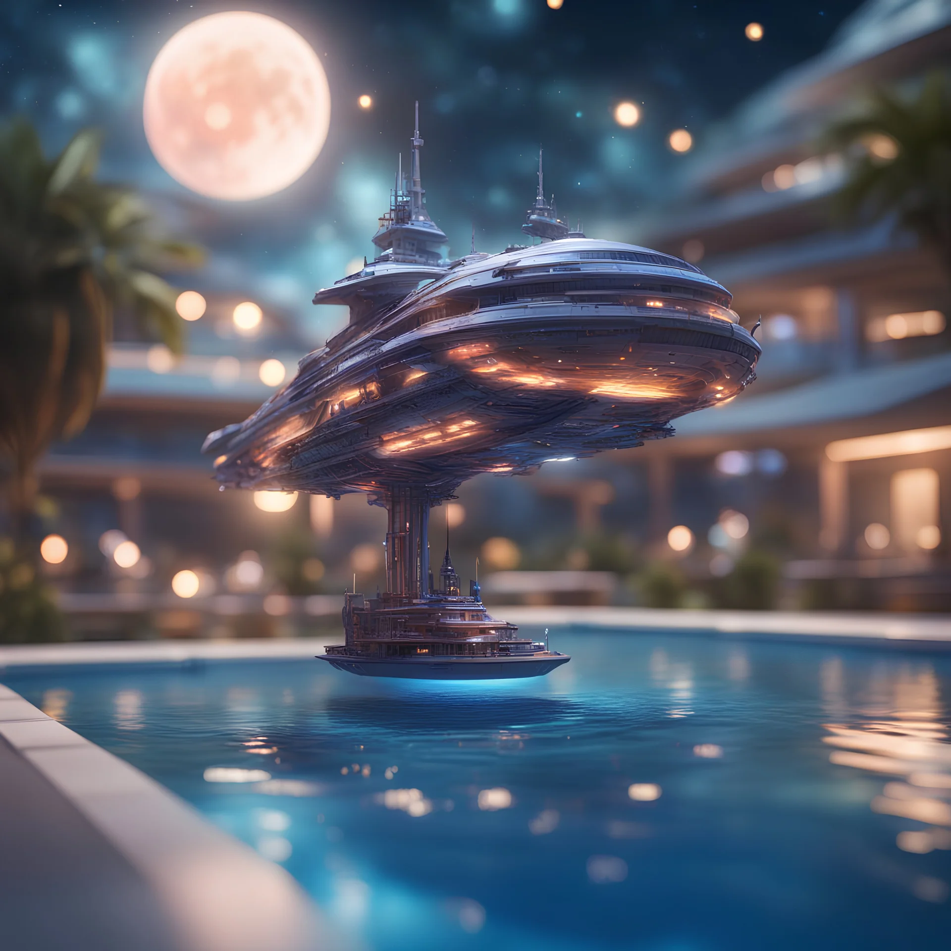 pen outline, layered, space witch by the pool, pool contains floating star ship of extreme complexity and beauty,bokeh like f/0.8, tilt-shift lens 8k, high detail, smooth render, down-light, unreal engine