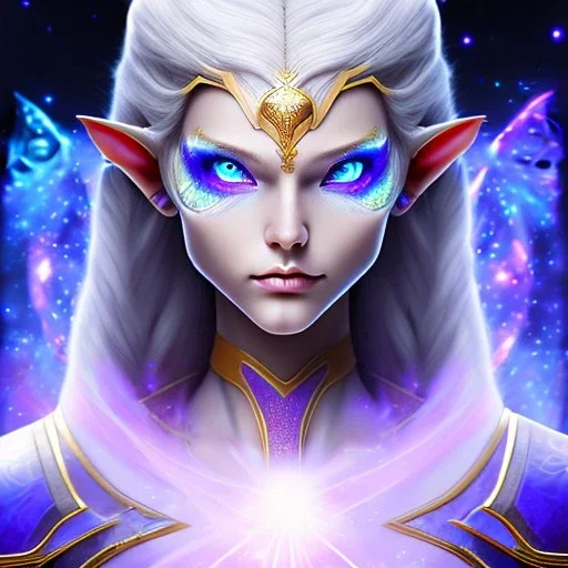 cosmic mage, elf, male, battle mage, cosmic sword, epic, cosmic magic, staff, long ears, white hair, face details, odd-eyes, dark skin