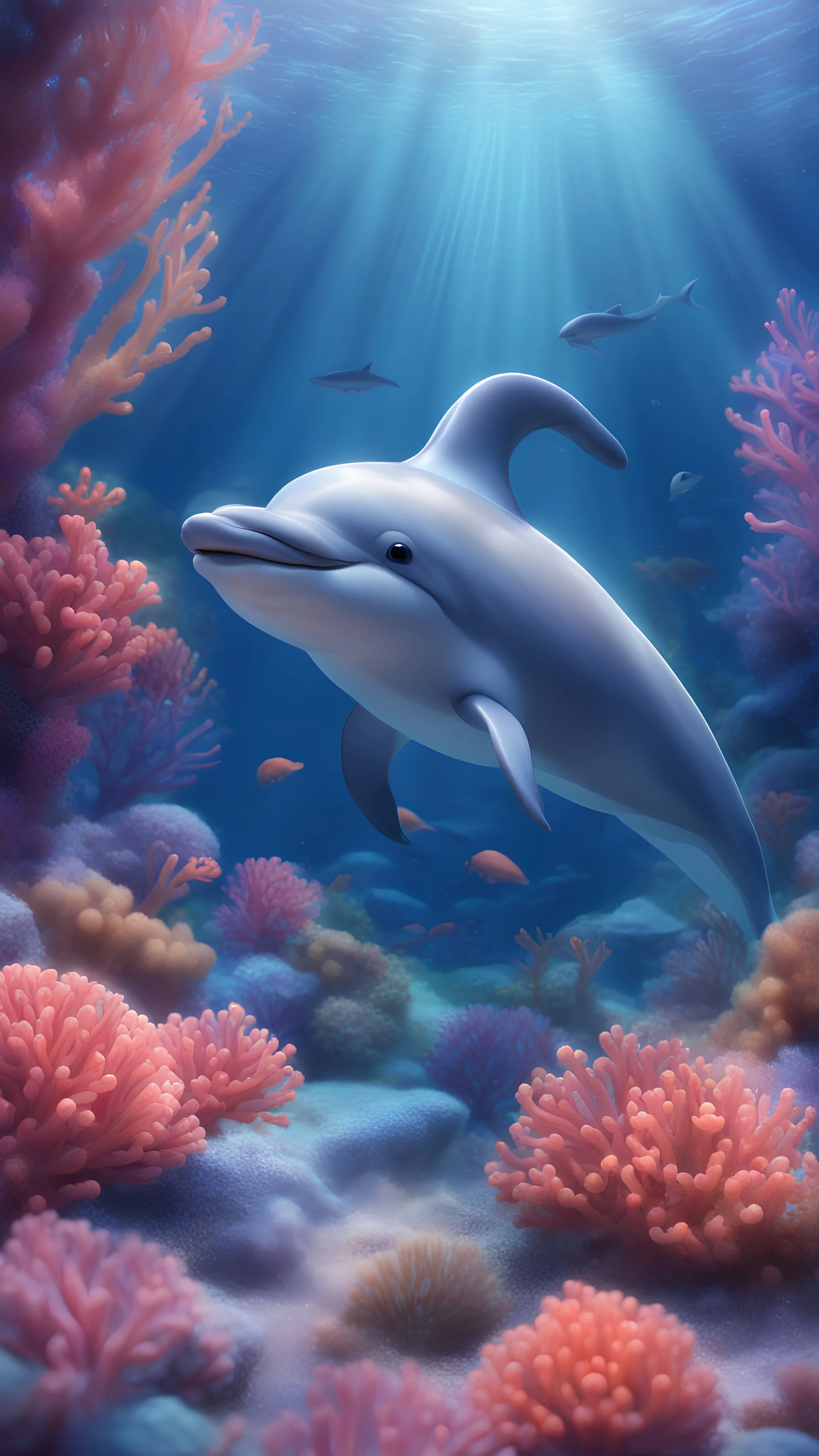 Kawaii, Cartoon, one cute dolphin in the ocean floor with bright colorful corals, All body, with sweet eyes, two fins and a perfect dolphin tail , blue and pink lighting, Caricature, Realism, Beautiful, Delicate Shades, Lights, Intricate, CGI, Botanical Art, Animal Art, Art Decoration, Realism, 4K , Detailed drawing, Depth of field, Digital painting, Computer graphics, Raw photo, HDR