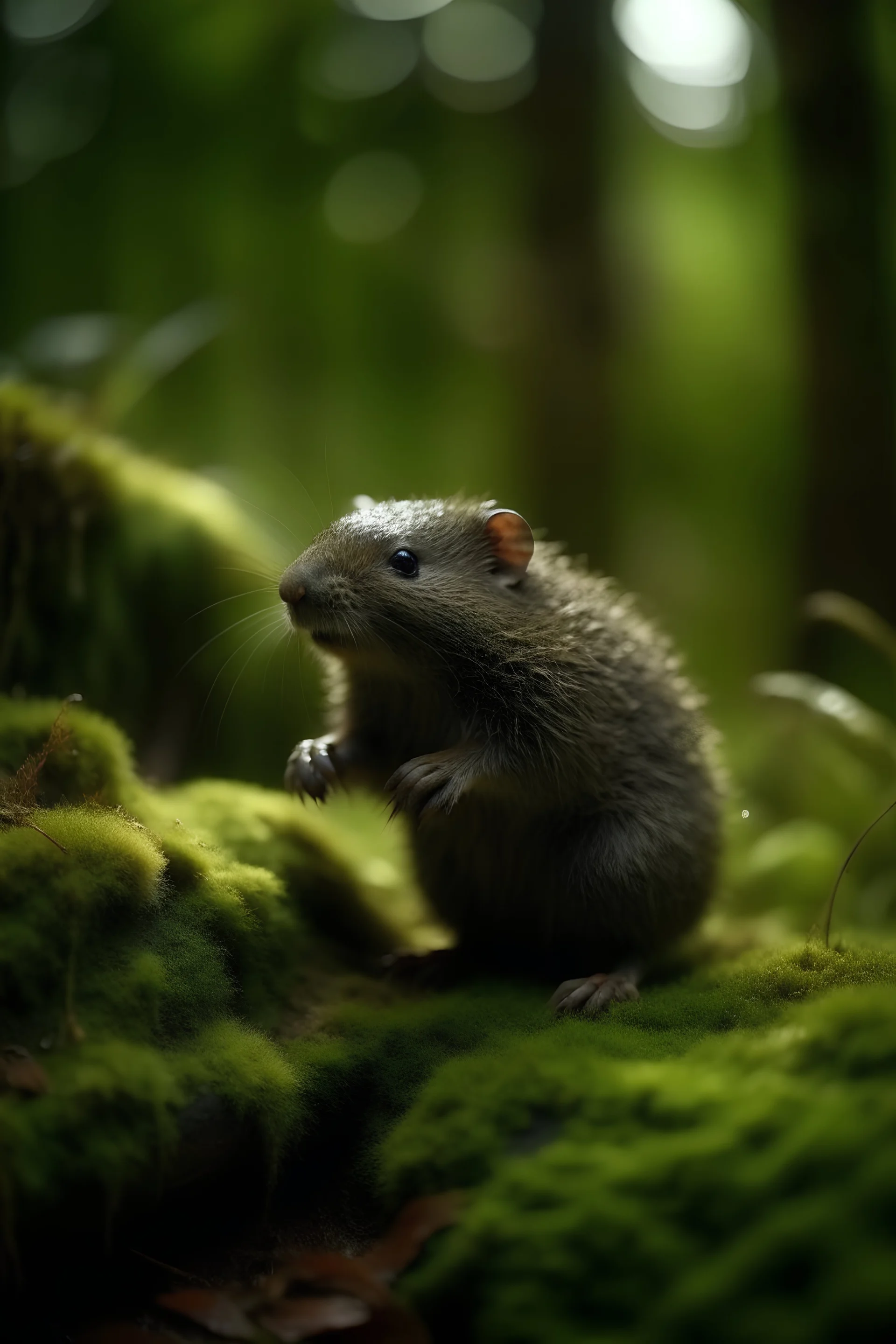 Happy Mole on moss in a forest, Details, sharpness, 8K, highest quality, masterpiece,