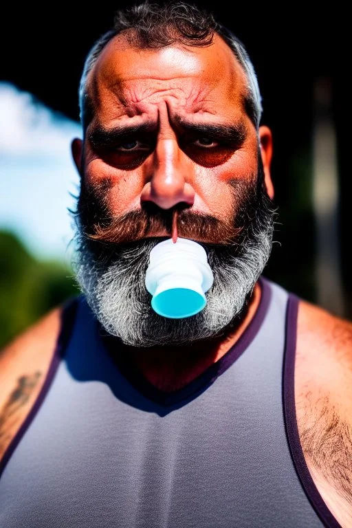 close up photography, dirty burly chubby Italian strong 48 years old homeless man, spitting milk from open mouth, dripping on the beard, with dirty tank top, emotional eyes, manly chest, photo, Canon EOS, lens 35mm, natural lights, 8K, in the morning