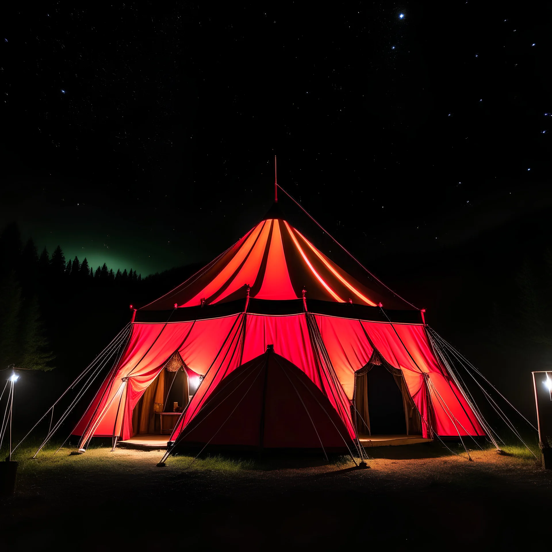 The tent was lit up under the stars.