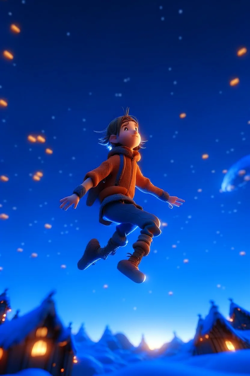 cartoon boy falling from sky on a snowy night, 3 d render, photorealistic, octane, 8 k, pixar - clip art by chris ware, beeple style, cg society contest winner, unreal engine, deviantart, ray tracing, global illumination