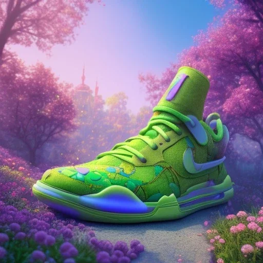 pixar style, volumetric summer garden environment and background, hyper realistic painting of Nike sneaker, looking excited, volumetric lighting, dramatic lighting, detailed digital painting, anime, ornate, colour-saturated colors, chaotic, small minutiae, tiny features, particulars, centered, smooth, sharp focus, renderman gofur render, 8k, uhd, detailed eyes, realistic shaded volumetric lighting, sunlight caustics, backlight, centered camera view