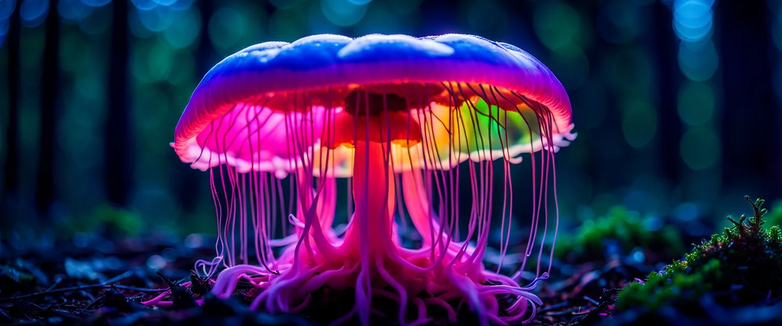 Giant bio luminous Rainbow floating JellyFish Fungus, fungal, light floating in a forest, Treeline, Alberta, scientist, Dystopian, Hyper detailed, Realistic, Extreme depth of field, bokeh blur, Alberta all-natural, National Geographic, in the style of candid, imperfection, natural lighting, cinematic, Fuji Film, Anamorphic lens, 2040s, --ar 4:5 --w 150 --style raw