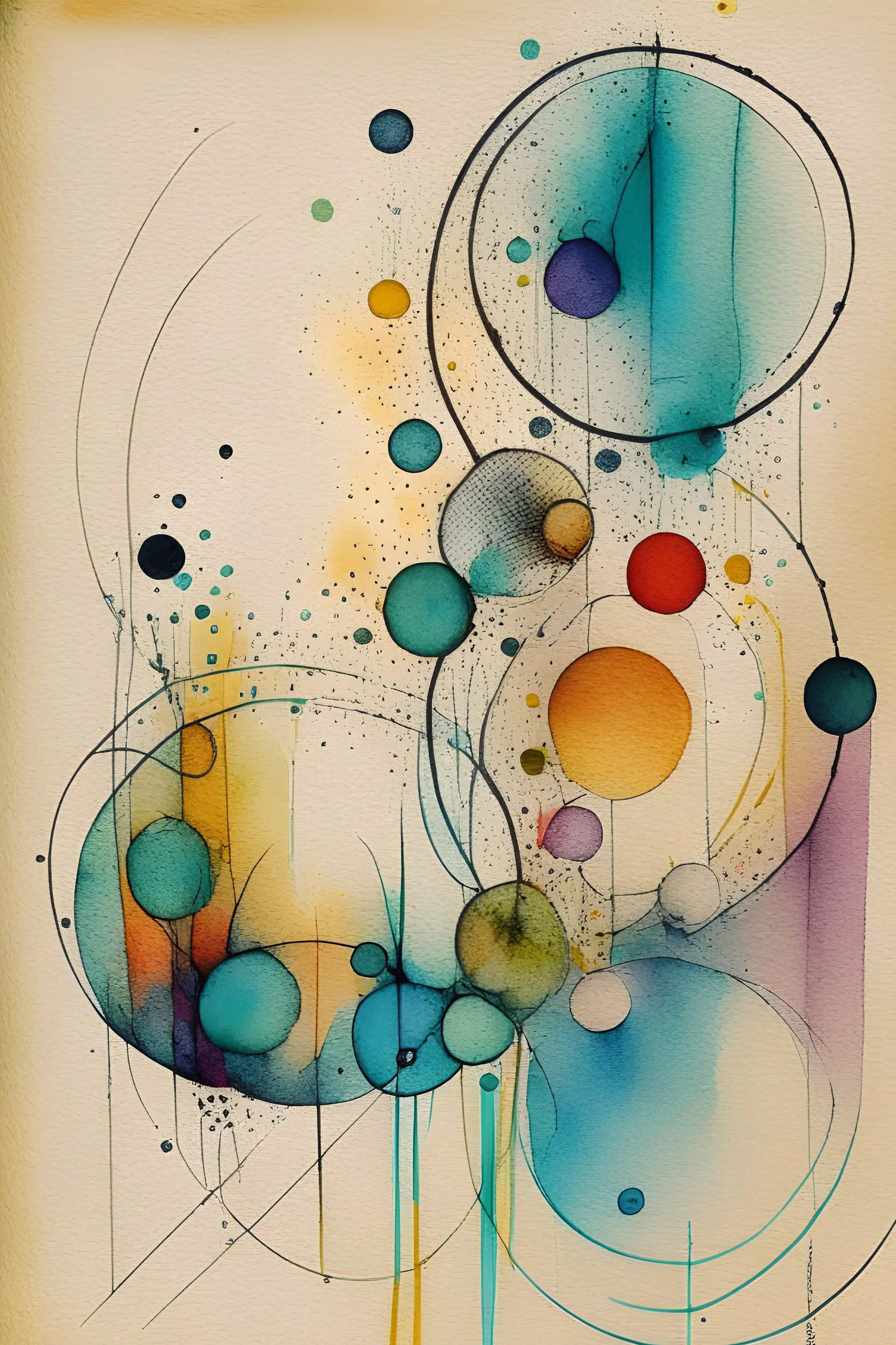 Abstract wet watercolour, ink lines, interlinked circles
