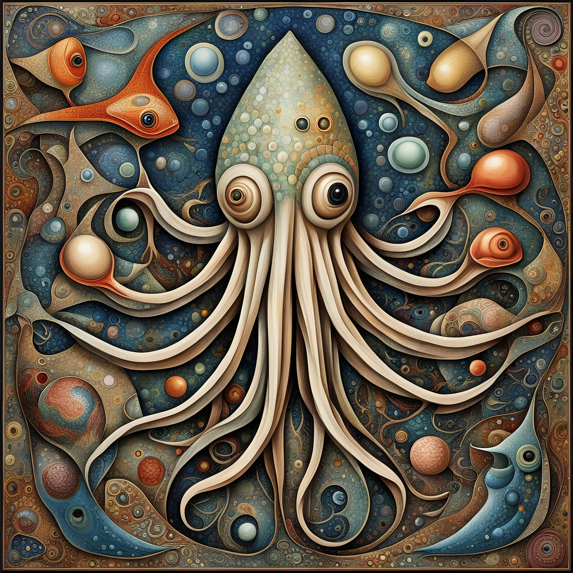 pronounced mosaic textures, Enhanced surrealism, weirdcore aquatic squid contrivance, unregulated absurdity, by Desmond Morris and Max Weber, mind-bending neo-surrealist image, surreal mosaic art,