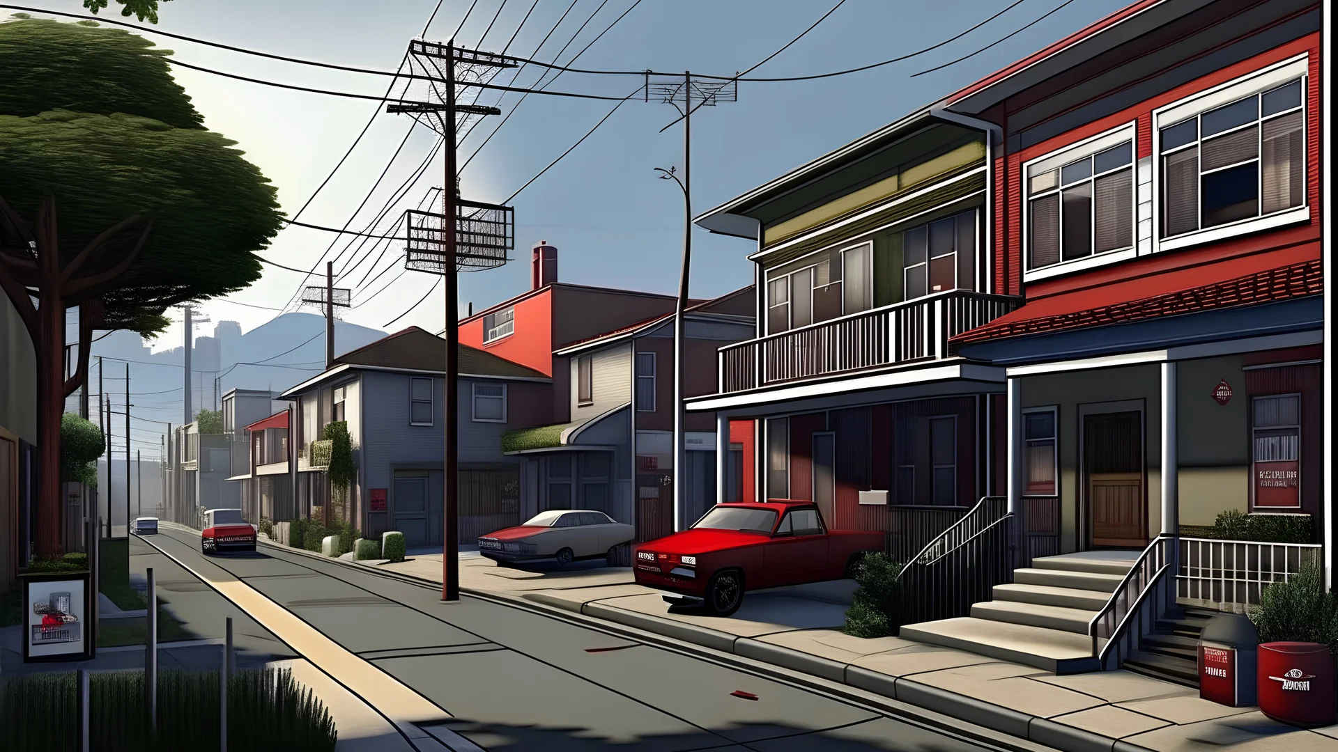 Create a realistic 3D style image, with GTA 5 graphics of a GTA neighborhood