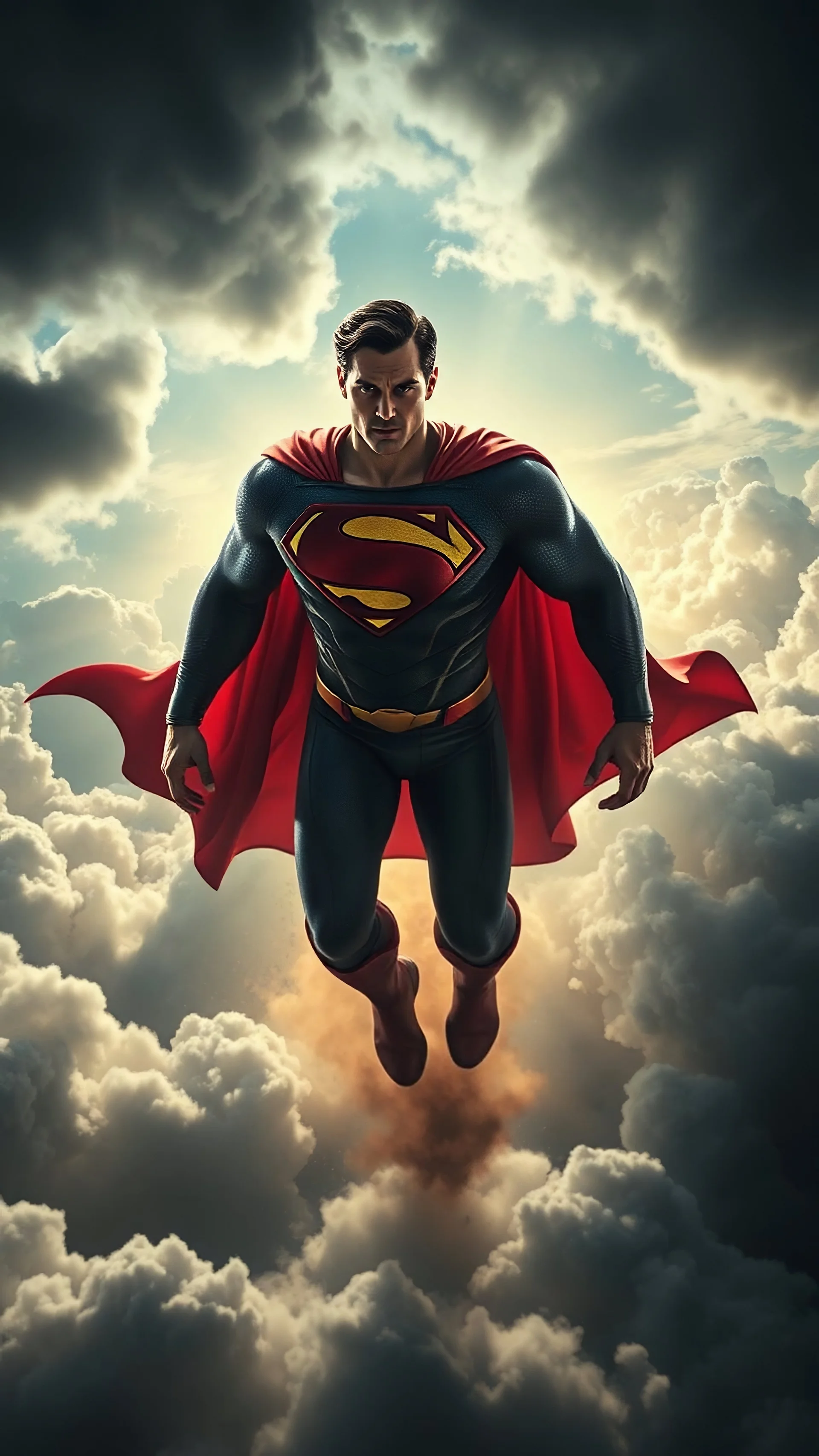 Superman nuke bomb flying above swirling clouds, emerges from the heart of a raging storm. Turbulent winds of steam swirl around the louds lit by shafts of sunlight that cast dramatic shadows on the strong body High quality 16k cinematic scene and great photography