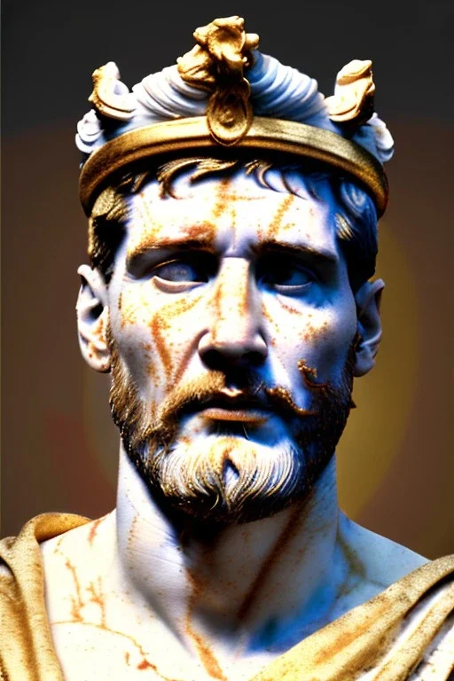 Realistic image, Roman sculpture made in white marble with gold veins, Lionel messi with gold halo crown, two blue brushes, decorative star on the chest, waist up portrait, marble material, gold ornaments, Baroque style, sun rays background, epic, celestial, cinematic lighting, God lights, 4k resolution, smooth details, soft lighting, unreal engine 5, art station, substance 3d.