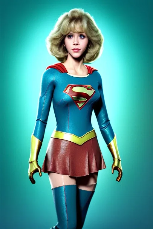 Waist up portrait, blonde, Jane Fonda, make-up, happy, Realistic image, retro pop, 60s, supergirl, tights minimal dress, sweat, Color background, photo studio, concept art, smooth, unreal engine 5, god lights, ray tracing, RTX, lumen lighting, ultra detail, volumetric lighting, 3d, finely drawn, high definition, 4k.