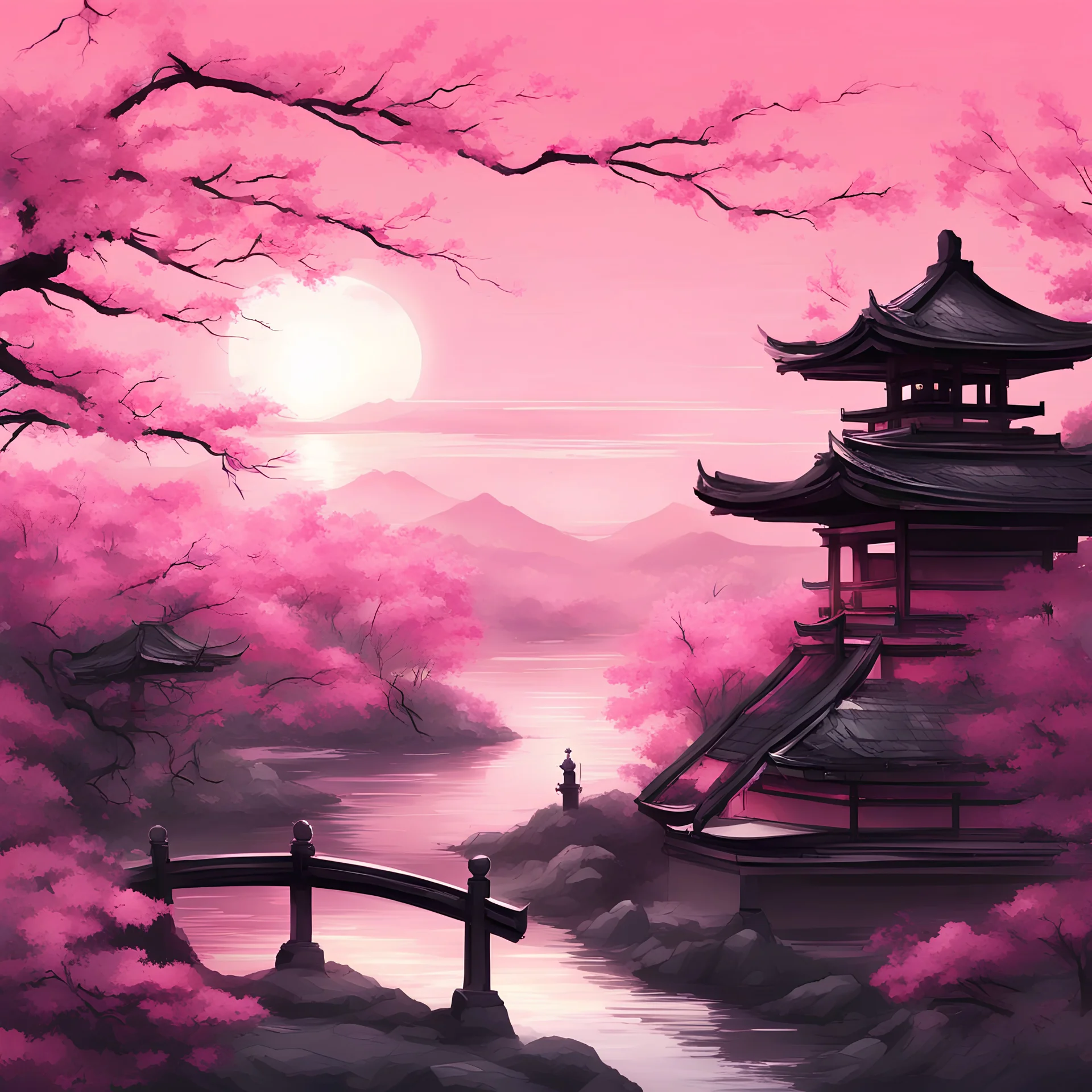 art, fantasy, pink, black, sun, beautiful style, Japan