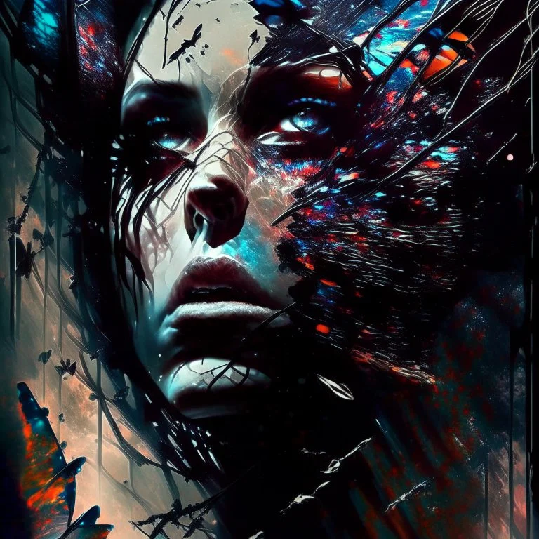 Russ Mills Soft Nebula Atmosphere Illustration Style - Extreme close-up of a woman trapped in a nebula like a butterfly in a net, poster, painting, graffiti, dark fantasy, portrait photography, ci