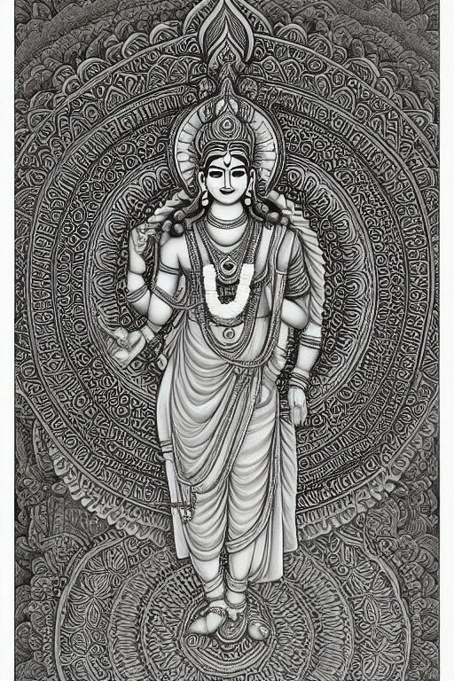 Hinduism, modern realistic cartoon drawing, grayscale, adult coloring pages, Hindu god Brahma, male god, wisdom, transformation, lined drawing, coloring page, 300 dpi, high quality print, painted portrait, full body, white hair , masculine, mature, handsome, upper body, muscular, hairy torso, fantasy, intricate, elegant, highly detailed, digital painting, artstation, concept art, smooth, sharp focus, illustration, 8K, HDR, masterpiece, pastel quad Color, 3D vector art, cute and quirky, fantasy