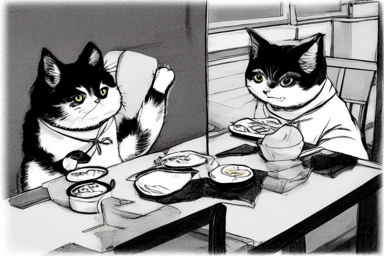 A cat wearing clothes is sitting at a table eating sushi. Manga style. Perfect iris. Paws. Mug with cat face