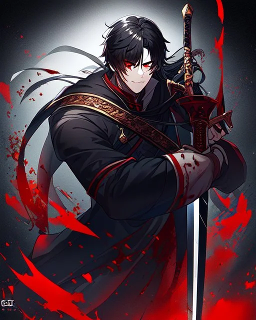 Boy holding a sword with a look of murderous intent, black hair and red eyes, Wears a stealthy outfit, he has a symbol with the letter Z in the middle on his clothes, his hair is short, on his sword there was blood, black background reminiscent of a nightmare