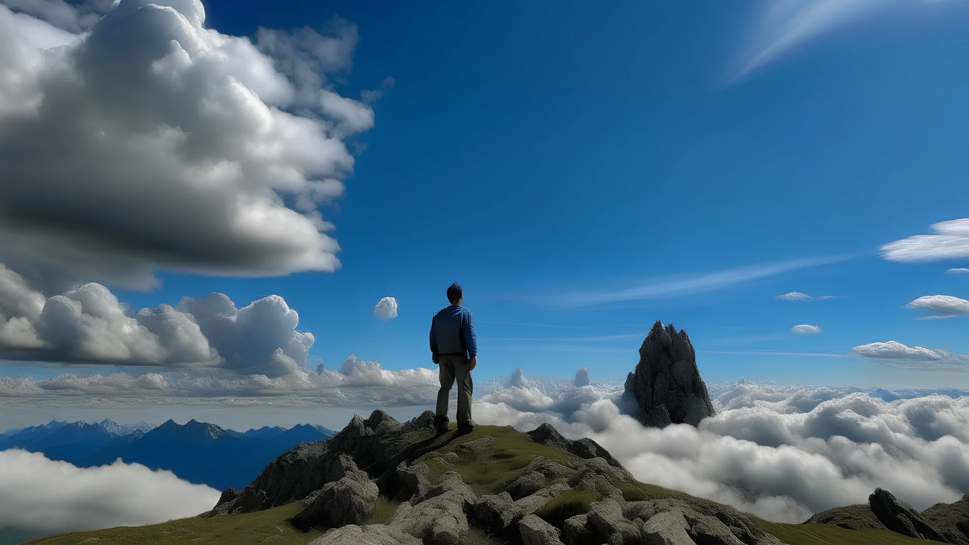 Moreschi stands with his back on a mountaintop and the sky is blue and filled with clouds