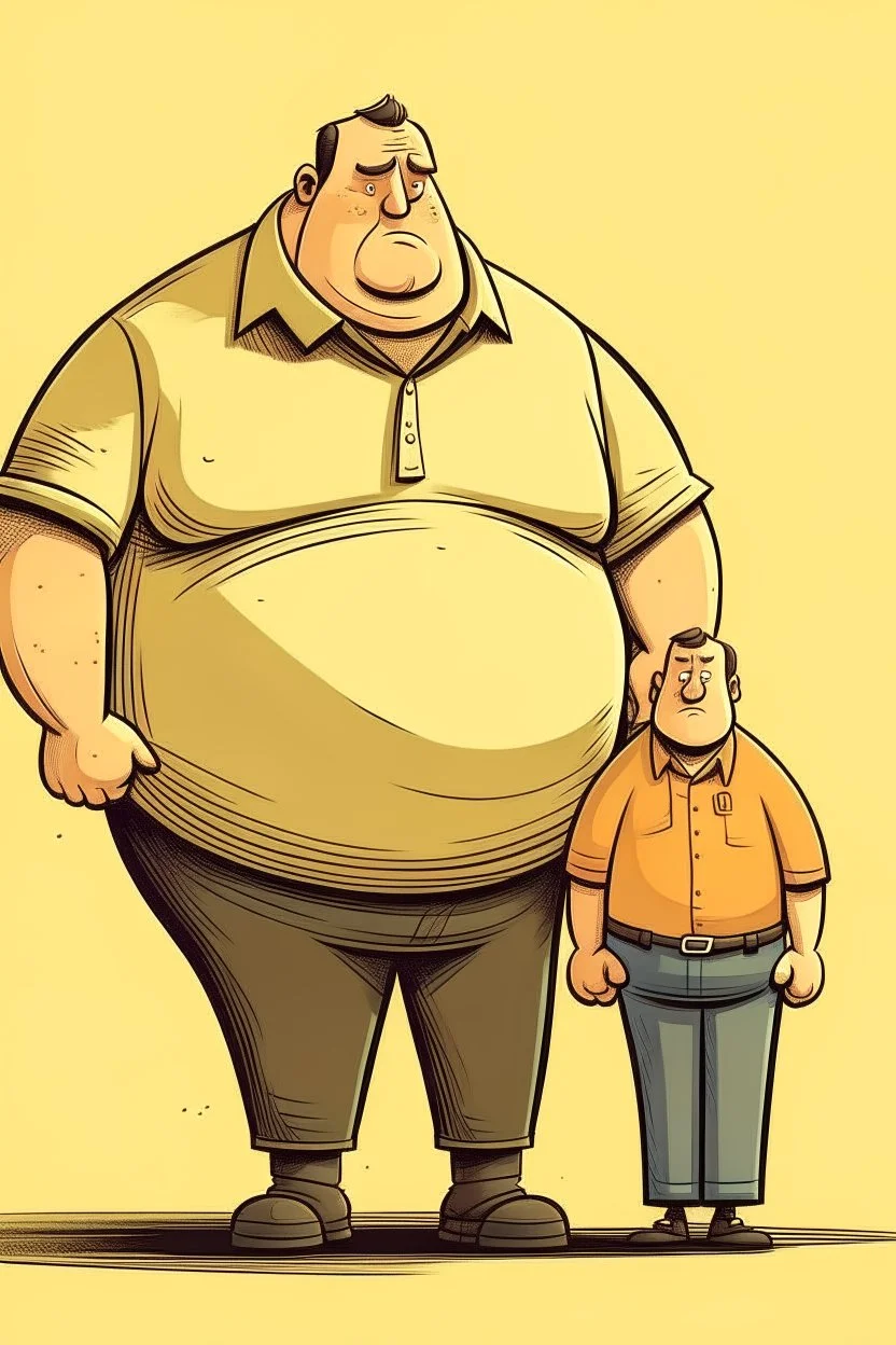 a fat man, sitting on a thin tall man. Cartoon.