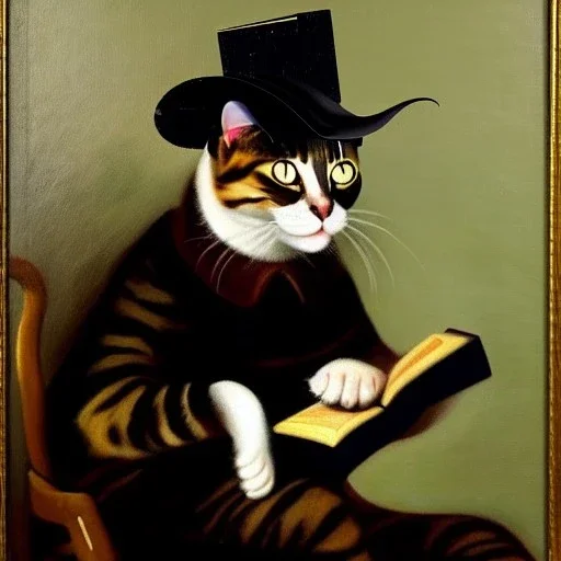 oil portrait of a cat with hat reading a book and smoking a pipe by Diego Velázquez 8k