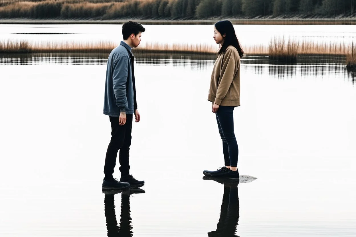 An image of two people exchanging criticism in a constructive and respectful manner, standing on the ground with a lake behind them