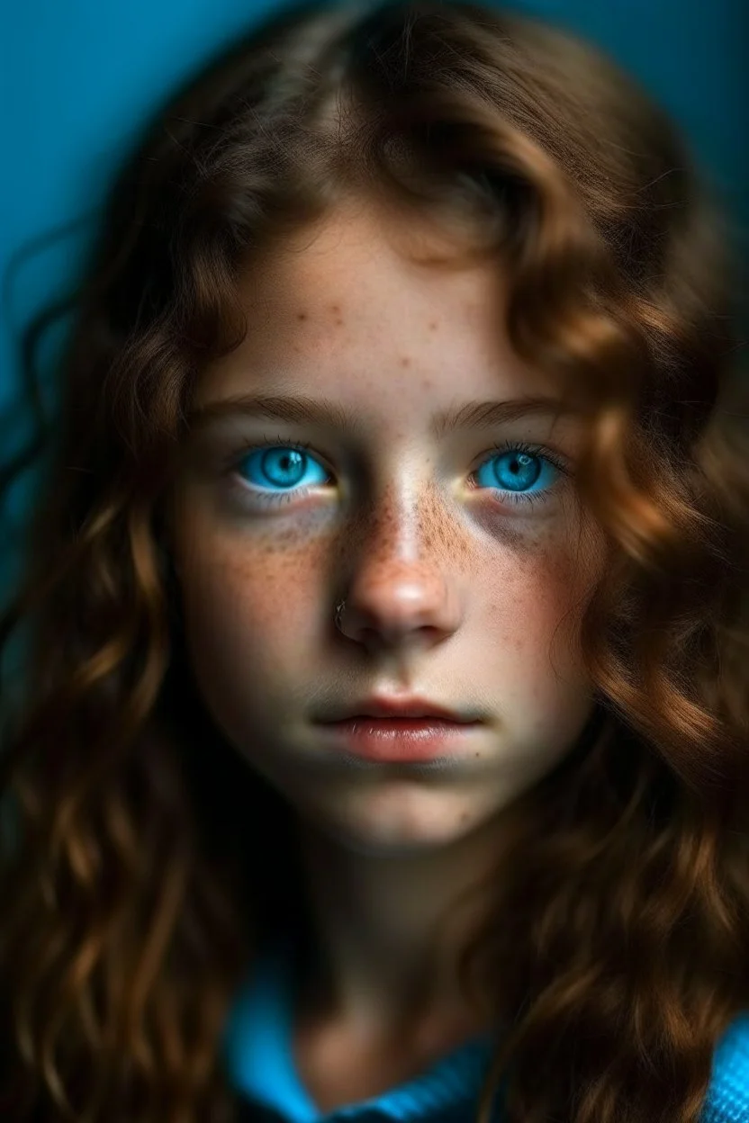 14 year old girl with heterochromie, one eye light blue, other eye dark brown, long dark brown curls, freckles all over the face