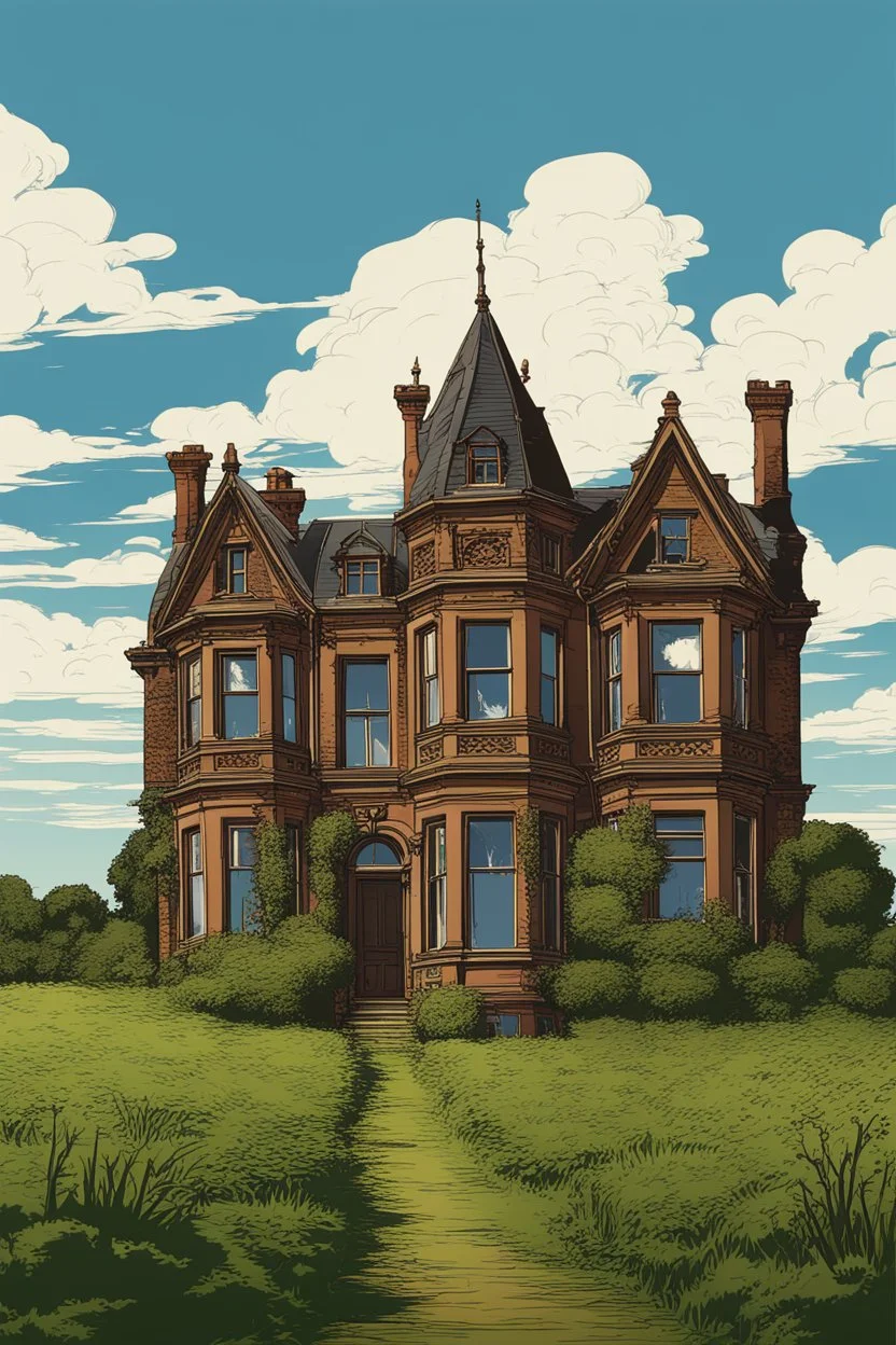 Disused, Victorian Manor House, Blue Sky, Over-Grown Fields, Vector Art