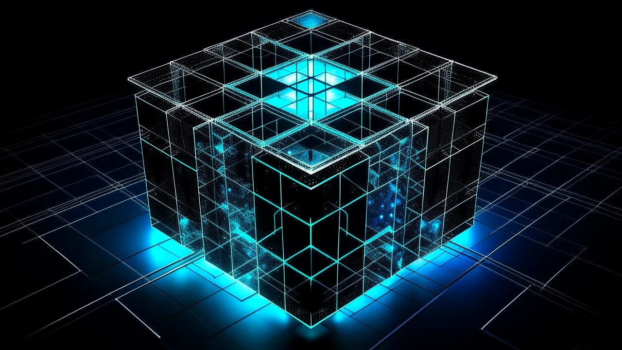 Cube tesseract located strictly in the middle of picture with space around it and with glow in tesseract, but without glow below it, without background or table. For 404 error page.