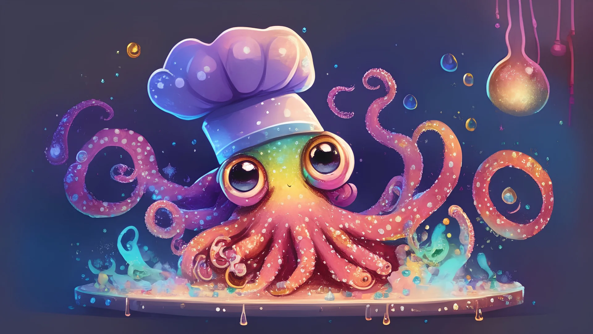 'Chef Octopus' - a colourful magical octopus in a chef hat, getting ready to cook dinner; cute, cartoon style, big eyes, adorable, glittery, sparkly, radiant, glowing, kitchen, magical