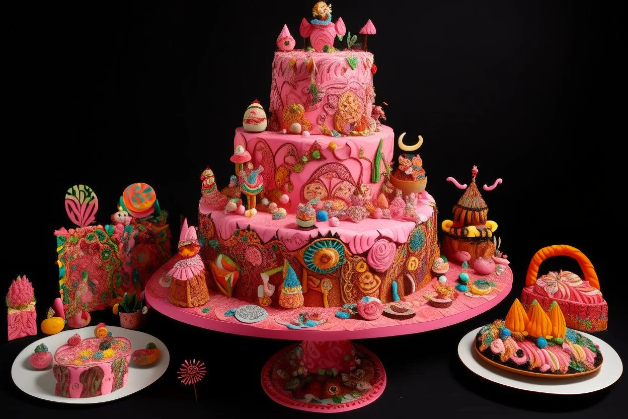 A light pink magical carnival made out cakes and cookies designed in Indian Gond art painted by Frank Wilson