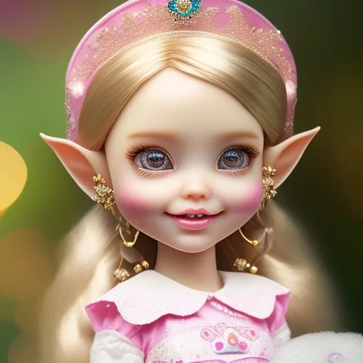 close up on elf as dollie deluxe, bright eyes, post card, toy train, front teeth, skin imperfection, princess tiara, cup of tea, toy dog