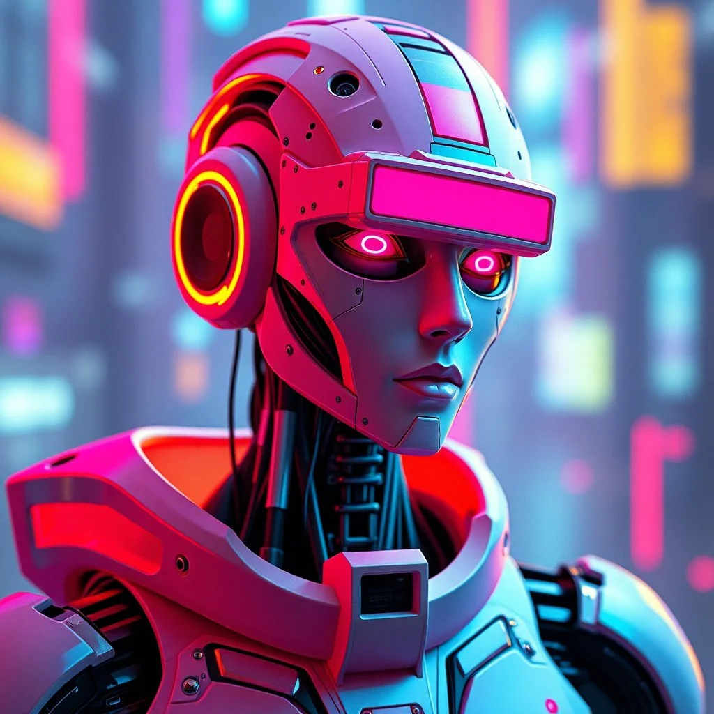 a cyberpunk androgynous android robot, bright colours, futuristic, dystopia, stylised, digital art, 3d render