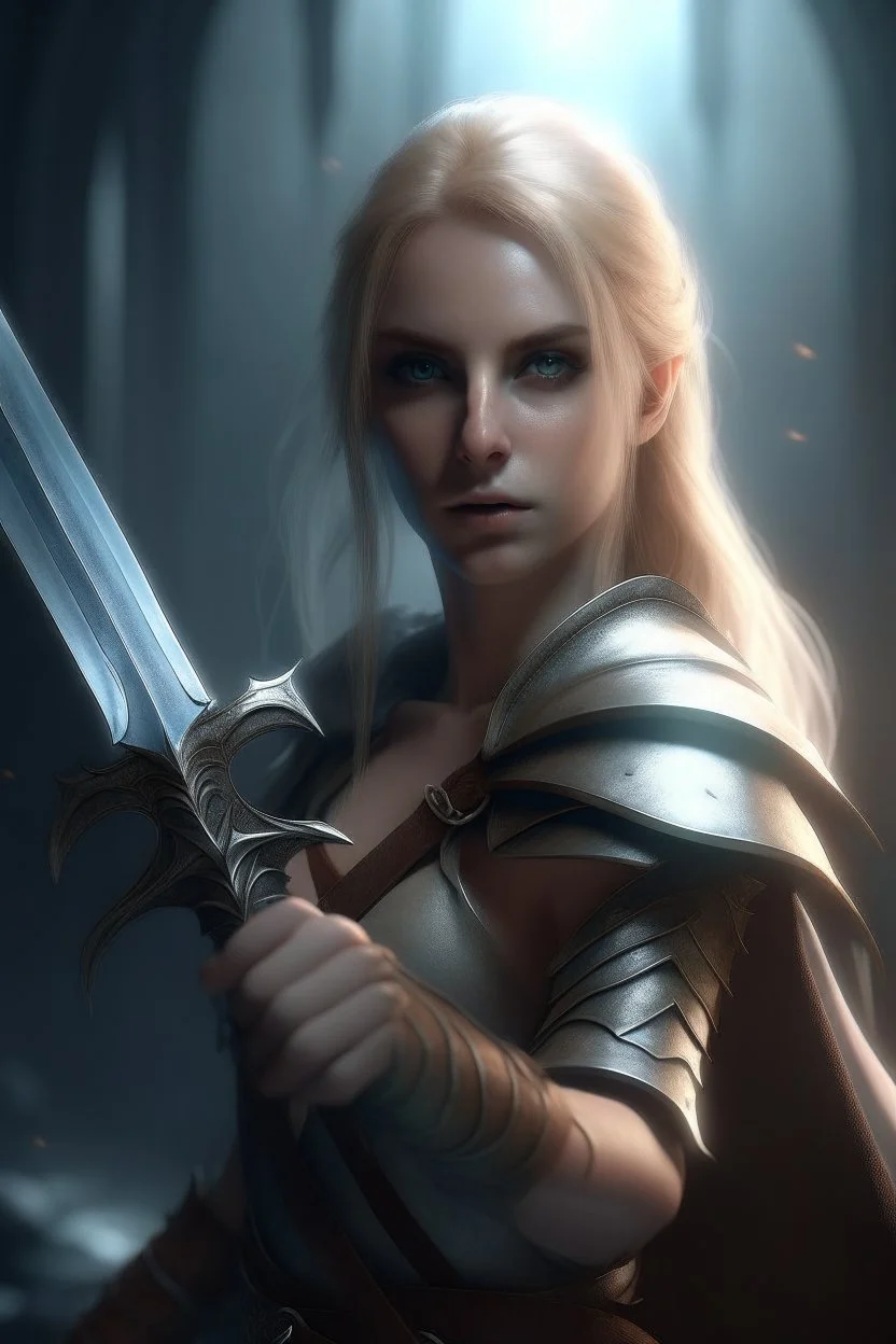 pretty woman, warrior, elf, blonde hair, fantasy, Skyrim, conventionally attractive, fighter, sword, elder scrolls, young, maternal, 3d render, cinematic, conceptual art, poster, vampire