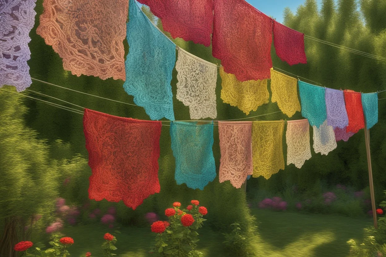 Beautiful lace tangas of different colours drying on a clothesline in a flower garden, centre, bold colours elegant fantasy 8k beautiful dynamic lighting award winning imperial colors hyperrealistic ultra detailed 4K 3D high definition crisp quality colourful hdr, backlit, in sunshine