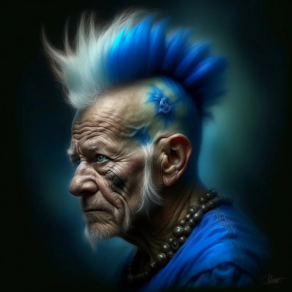 a detailed portrait of old man with a extravagant blue mohawk by edouard bisson, punk rock, oil painting, muted colors, soft lighting