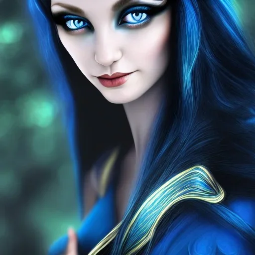 female half-elven sorcerer wearing a blue dress, long black hair, dark blue eyes, pretty face, close-up, realistic