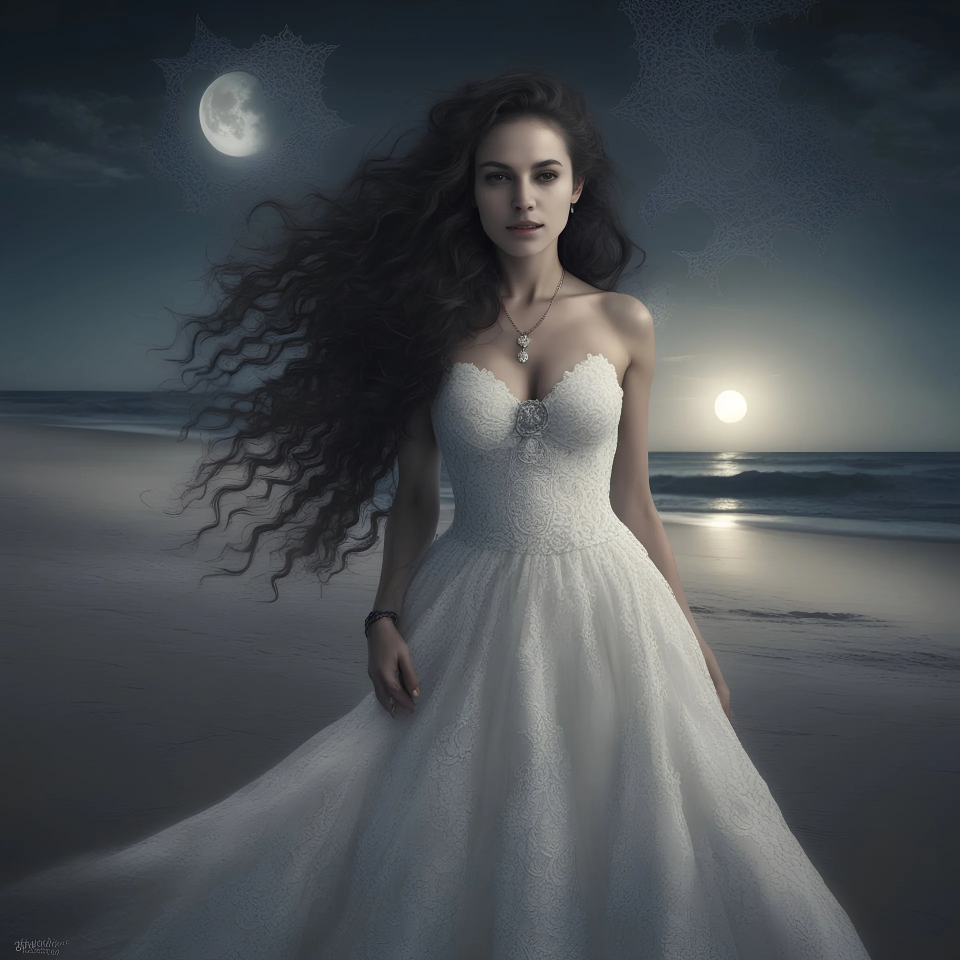 Beautiful smily brazilian young lady with long dark curly hair wearing an elegant gothic style white dress made entirely out of lace on the beach during moonlight romantic night breathtaking scene 3d hd whimsical stylized gothic fractal recrusive scene