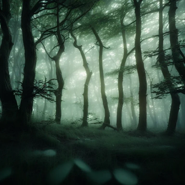 spooky forest, 4k, 8k, highly detailed, cinematic, ultra photorealistic, volumetric lighting, sharp details, mist, trees, depth of field, sun shafts