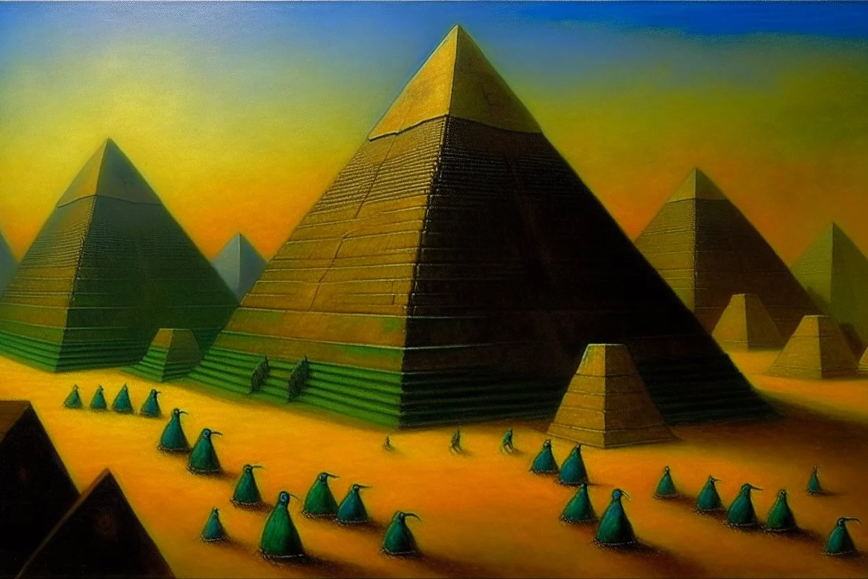 Pyramids with scarabs on them painted George Seurat