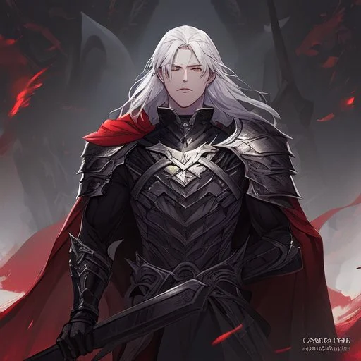 Vampire knight, young man, handsome, long white hair, black full plate armor, red cape