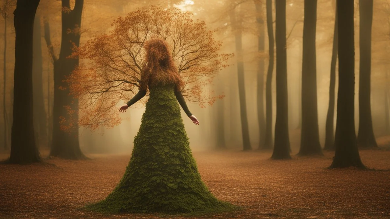 woman in a dress made of leaves, growing out of a tree in a woodland