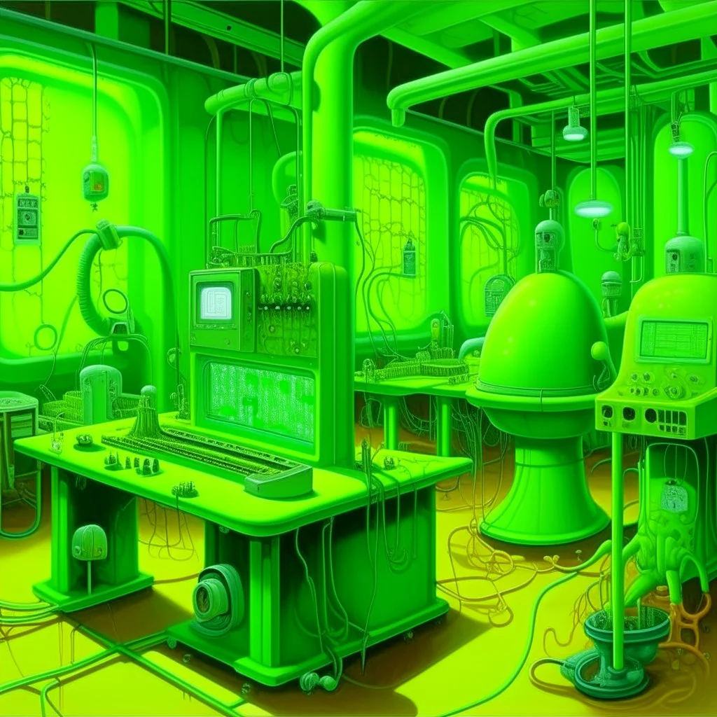 A lime green cybernetic laboratory with slimy bugs painted by Grant Wood