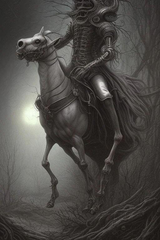 sleepy hollow headless horseman by h r Giger, Tim burton, junji ito, dystopian surrealism, dark horror fantasy, hdr, artstation intricate details, demonic, dark art, dark noir, neoclassical gothic horror