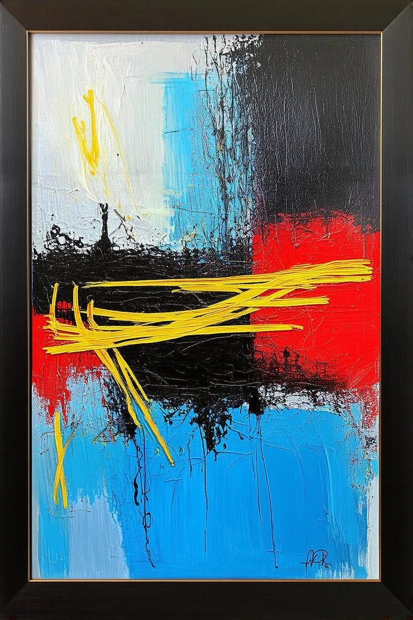 an abstract painting featuring a blend of colors. Dominant shades of blue, black, and red create intriguing patterns across the canvas. Streaks of yellow intersect, forming geometric shapes. The painting is framed in a simple black frame. Its abstract nature invites various interpretations.