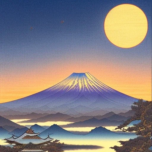 Ukiyo-e Style , mount fuji, sun set