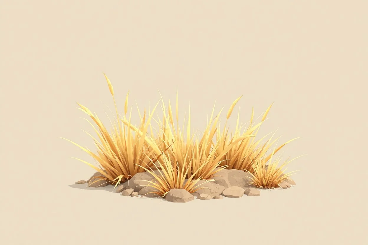 Isolated concept art of stylized alien dry grass on a plain neutral background. Simple low-poly design with minimal details, suitable for 3D modeling. The grass should look slightly alien — with unusual blade shapes, subtle color variations, and dry, brittle texture. Colors range from dusty yellow, ochre, muted green, and pale orange, blending naturally with desert or rocky terrain. No background, no shadows, clear separation of each grass clump, consistent lighting. Digital painting style