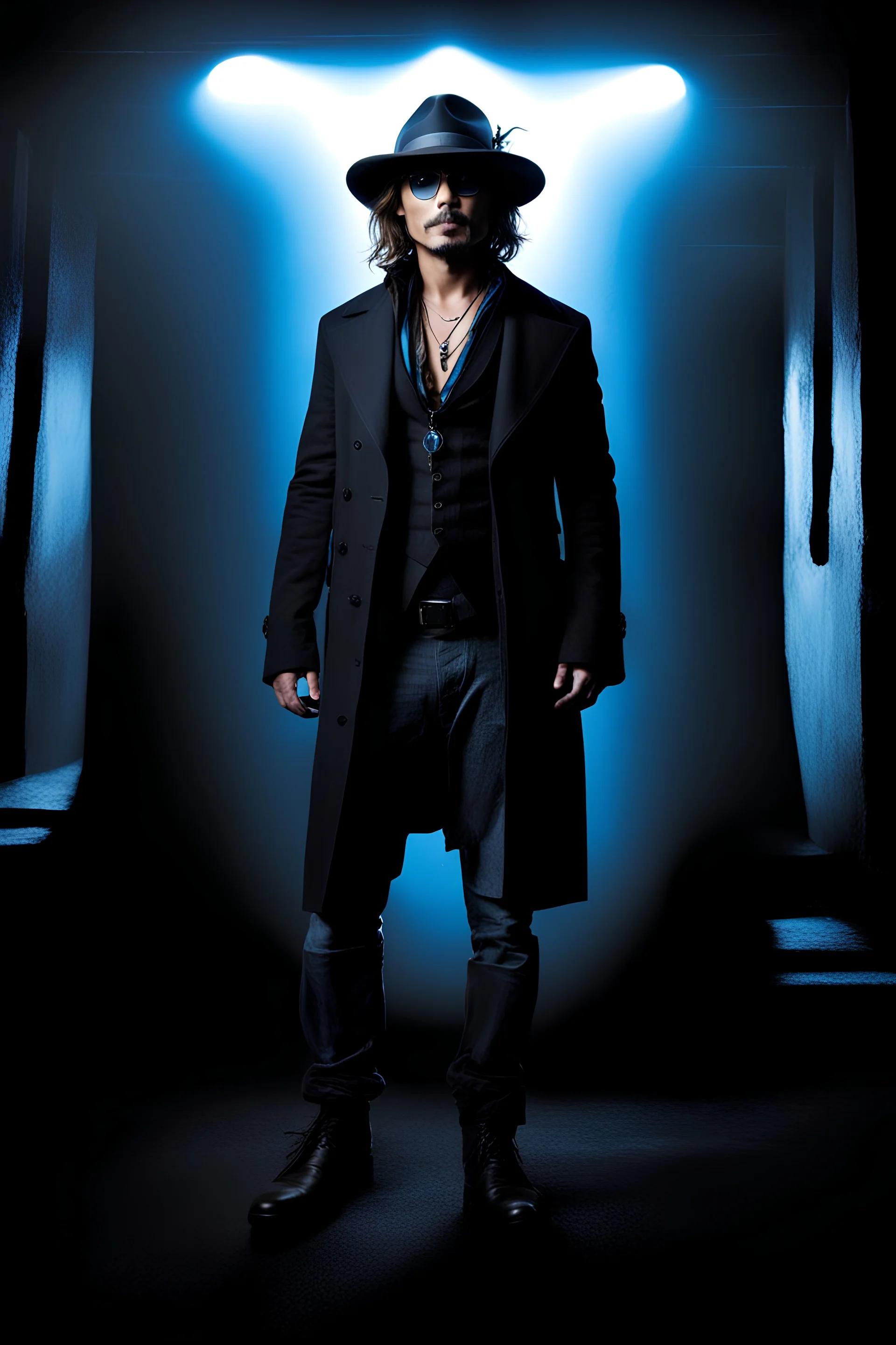 pitch-black background with a blue glowing overhead spotlight effect, Johnny Depp