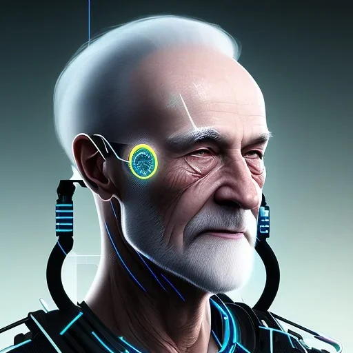 cyberpunk head portrait, old guy, happy face